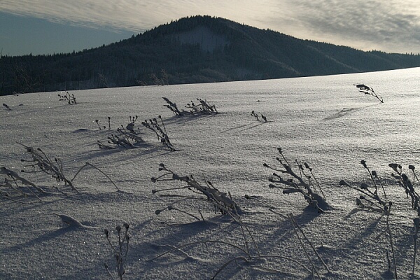 Pohled na Stožek přes zmrzlou krajinu